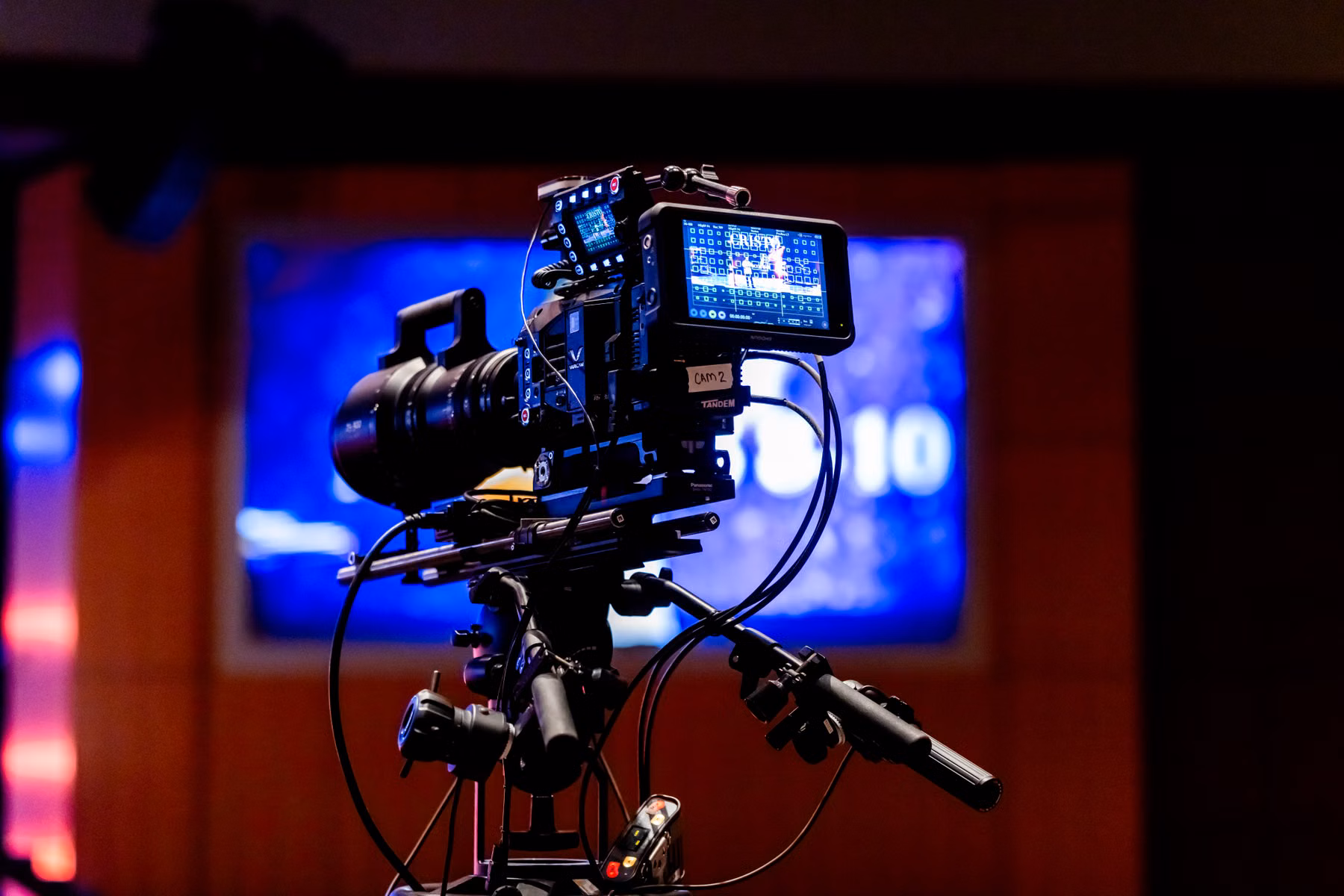 Professional video camera setup in a modern production studio
